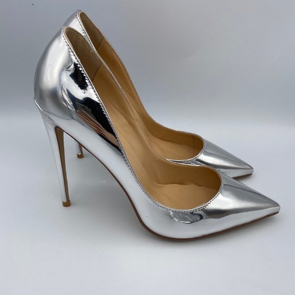FSJ Silver Metallic Heels Pointy Toe Stiletto Pump - Picture 2 of 5